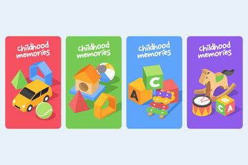 Fototapeta premium Isometric cartoon cute toys card set