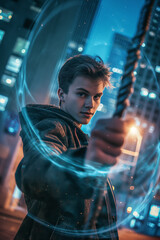 young adult wizard holding a staff and casting a spell - urban fantasy - geneartive ai