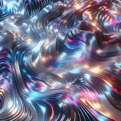Gordijnen Abstract metallic waves with iridescent colors in a fluid Design. Generative AI © Marina Isa