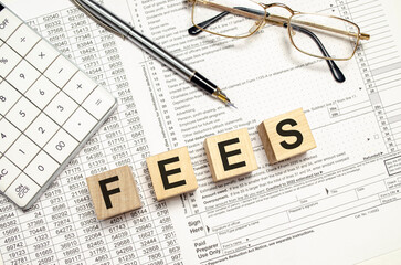 FEES letters on wooden blocks over tax form with glasses and pen. Accounting and legal concept