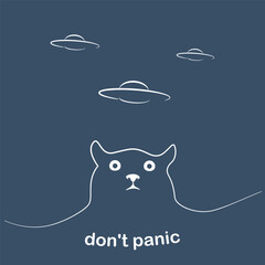 Linear vector illustration of funny scared cat and UFO. Design template for printing or avatar