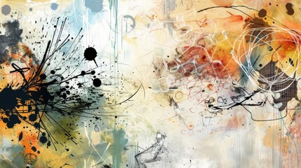 Eclectic Artistic Composition with Watercolor Splashes & Ink Doodles - obrazy, fototapety, plakaty