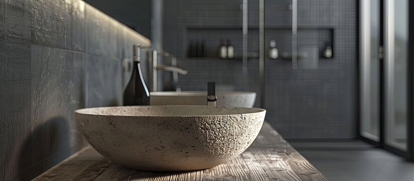 A bathroom with two sinks resting on a wooden counter, creating a luxurious and functional space with a blend of wood, metal, and glass fixtures