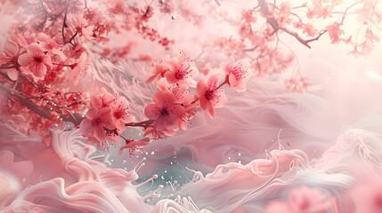 Ethereal pastel-colored background draws inspiration from Chinese ink painting techniques, adorned with delicate cherry blossoms and flowing water elements. Ideal for capturing the essence of Sakura M