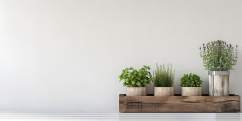 A minimalist home decor setting featuring green potted plants on a wooden shelf against a white wall.