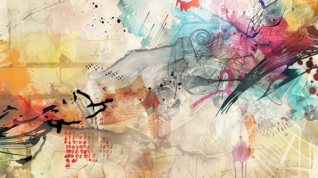 Creative Mix of Watercolor Splashes, Ink Doodles, and Pencil Sketches Collage