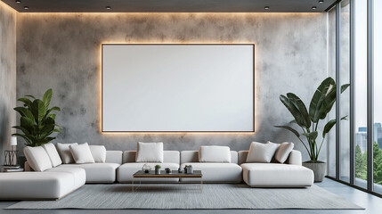 A blank white frame hangs on a cement wall in a modern living room with multiple sofas, ideal for mockups