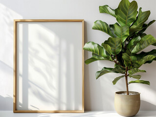A white wooden frame leans against a wall, accompanied by a potted plant