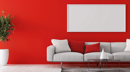 A minimalist living room features a white sofa positioned beneath a blank frame hanging on a bold red wall