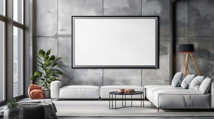 A black-framed blank screen hangs on a cement wall in a modern room
