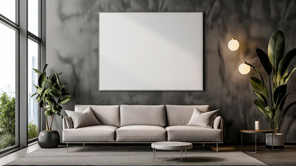 A black-framed blank screen hangs on a cement wall in a modern room