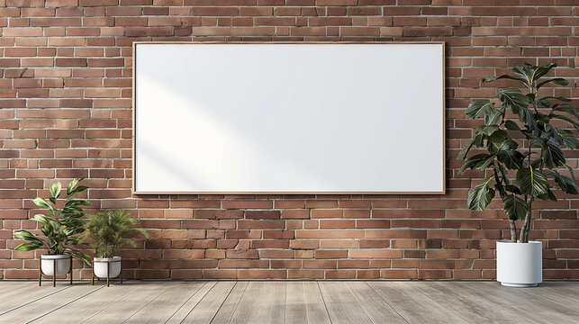 A blank white frame hangs on a brick wall, ideal for mockups