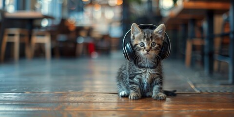 Fototapeta na wymiar Adorable tabby kitten wearing headphones sits on a wooden cafe floor, looking curious.