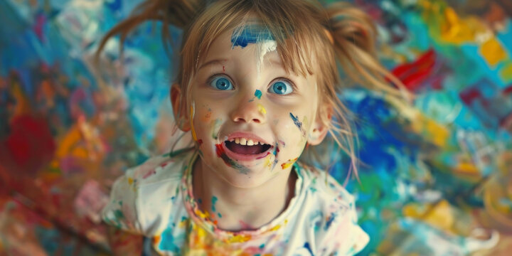 Excited young girl covered in multicolored paint, with a joyful expression and messy background.