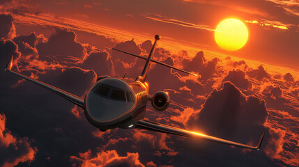 Luxury Private Jet flying above the sea of clouds in sunset