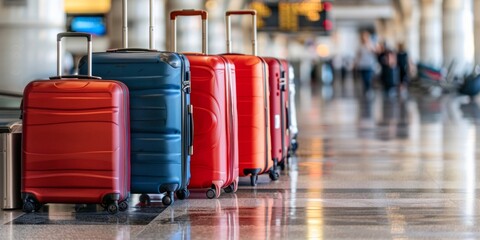 A lineup of colorful suitcases on the floor at a busy airport terminal, representing travel and tourism.