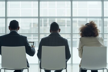 A group of individuals are seated in chairs facing a rectangular window, sharing gestures and conversation during a work event. The glass reflects their silhouettes as they sit - obrazy, fototapety, plakaty