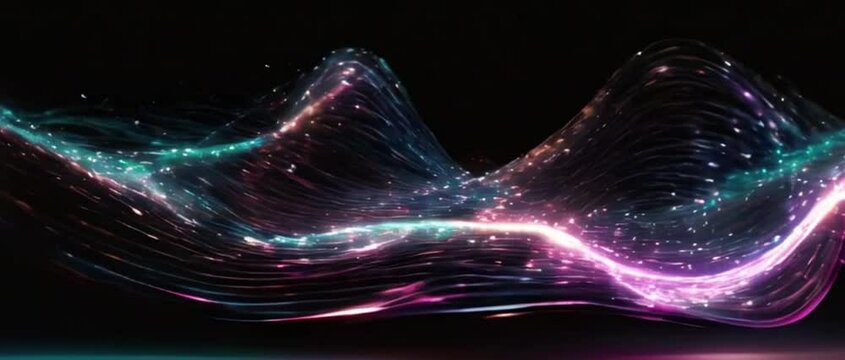 line wavy transparent particle glowing sparkle light colors space nebule black background