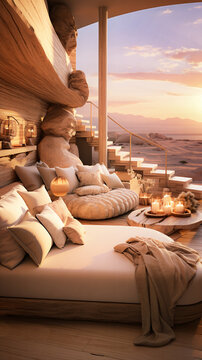 Luxury hotel room in the desert with a view on the dunes of white sand, exotic touristic destinations concept