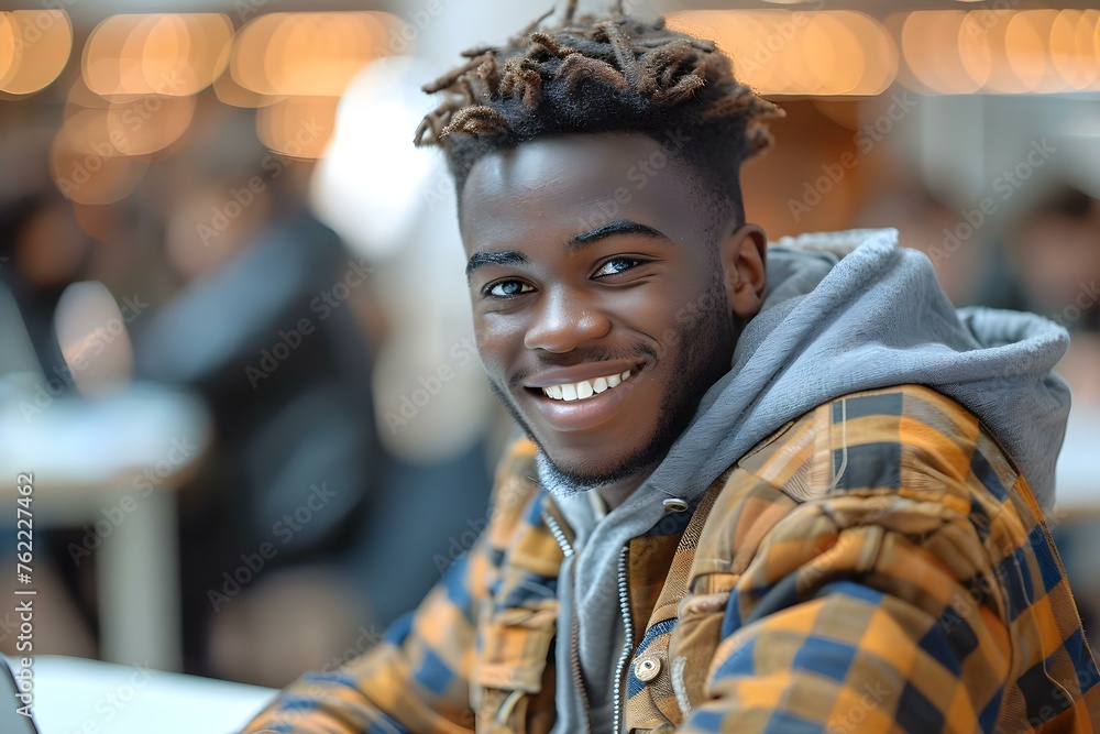 Poster smiling student making use of laptop in a flexible learning setting with online resources. concept o
