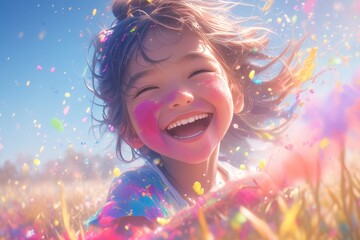 A joyful child covered in colorful Holi powder, smiling at the camera with joy and excitement. 