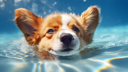 Cute fluffy corgi baby swimming in the pool, pets love concept