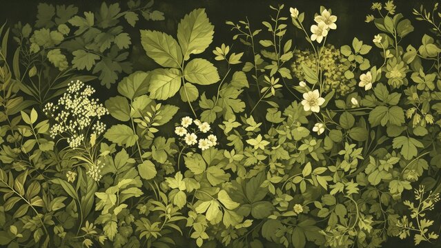 A lush, green forest floor with various types of leaves and plants in shades of dark emerald to light olive green, illustrated in the style of vintage botanical illustrations. 