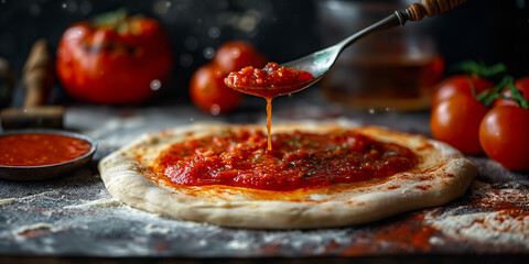 Tomatensoße läuft auf den Pizzateig beim zubereiten als Nahaufnahme, ai generativ - obrazy, fototapety, plakaty