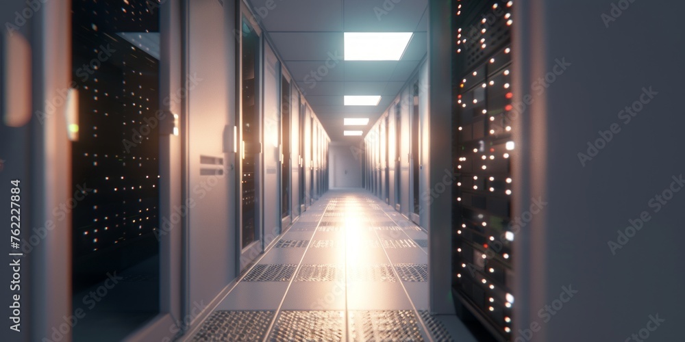 Poster long corridor in a data center with rows of high tech server racks illuminated by overhead lights.
