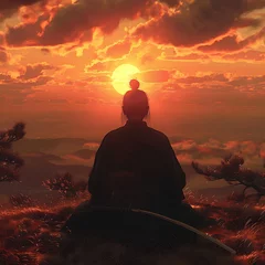 Foto op Aluminium Samurai meditating on mountain with sunset in background ai generative © BillyMakes