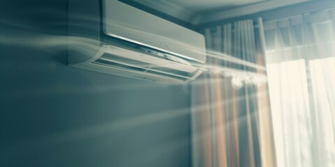 Obraz premium A sleek air conditioner installed on a wall in a softly lit contemporary room.