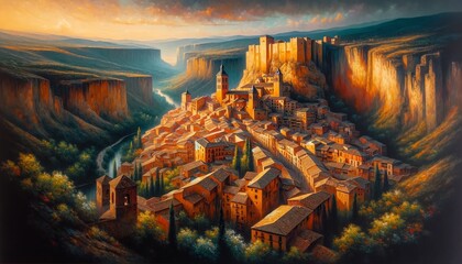 Oil Painting of Albarracín, Spain - obrazy, fototapety, plakaty