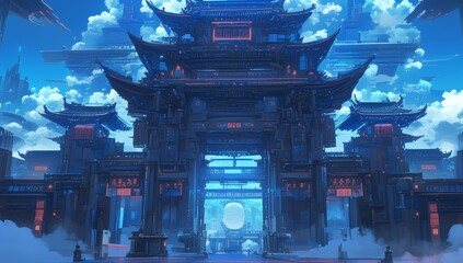 A minimalist Chinese style architecture with two large ancient temples at the entrance of an underground parking lot, illuminated in the style of neon lights, shrouded in fog and mist.  - obrazy, fototapety, plakaty