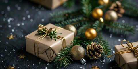 Fototapeta na wymiar Elegant Christmas gifts wrapped in kraft paper amongst festive decorations on a dark backdrop.