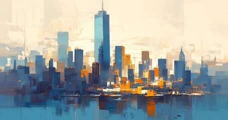 A modern city skyline painted in oil, with tall buildings reaching towards the sky. 