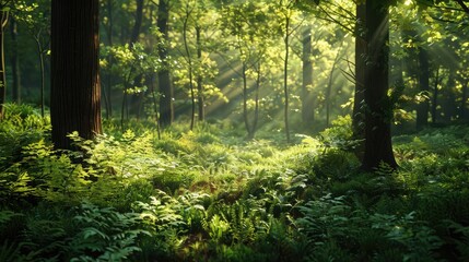 A serene forest glade with dappled sunlight filtering through the leaves, casting a gentle glow on the lush greenery.