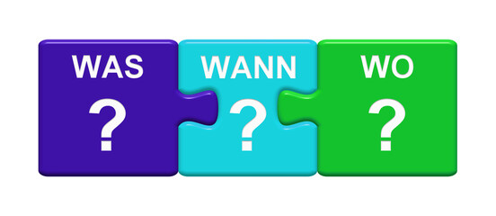 Puzlle Button aus zwei Teilen mit Fragezeichen: Was, Wann und Wo - 762228285