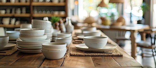 Tableware and dishware neatly arranged on a hardwood table in a restaurant. Mixing bowls and plates are on display, creating a cozy atmosphere