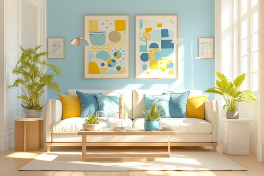 A photo of a bright living room with a white sofa, colorful wall art and a framed picture on the blue wall