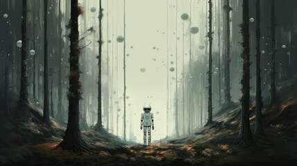 A futuristic person in a space suit on a strange planet, alone on a strange planet