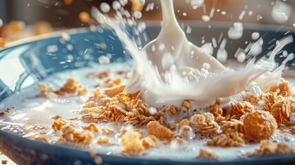 A spoon stirring a bowl of cereal and milk, creating a whirlpool effect.