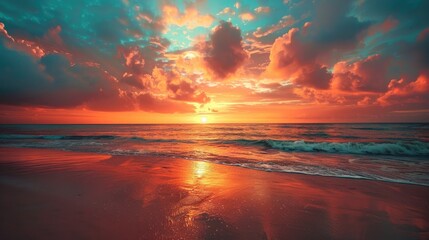 A stunning sunset over a pristine beach, with the sky ablaze with colors and the sea reflecting the fading light. - obrazy, fototapety, plakaty