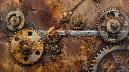 Industrial Collage Background with Metal Gears and Rusty Textures.
