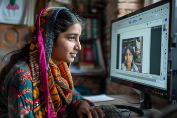 Indian student and teacher participating in a virtual online education lesson from home. Concept Online learning, Virtual classroom, Student-teacher interaction, Indian education, Remote education