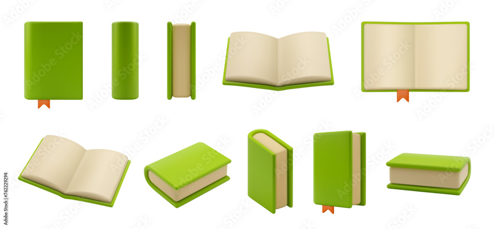 Poster Closed and opened textbooks, isolated empty blank papers and covers of books. Vector realistic publications with sheets and bookmarks, knowledge and education, library materials 3d icons