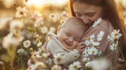A joyful mother embraces her laughing baby among blooming wildflowers at sunset.