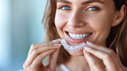 A smiling woman is fitting clear dental aligners for orthodontic treatment.