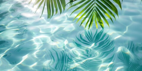 Fototapeta na wymiar Palm leaf shadows and sun glare on the gentle ripples of a clear tropical pool.