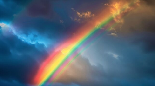 A bright, colorful rainbow arcs through a dramatic stormy sky after rain.