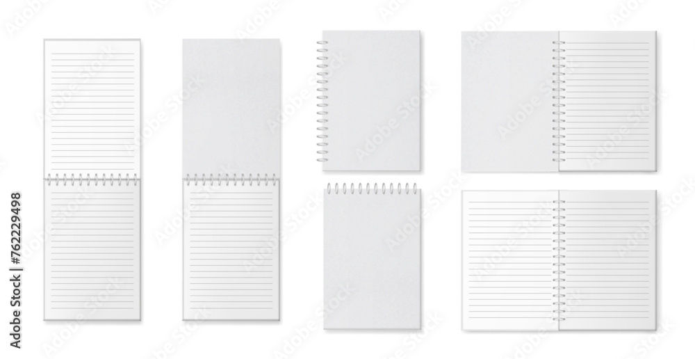 Poster Diary or notebook with spiral binder, realistic organizer or sketchbook. Vector isolated open sheet with copy space, clear worksheet or pocketbook with rings. Board or notepad for writing